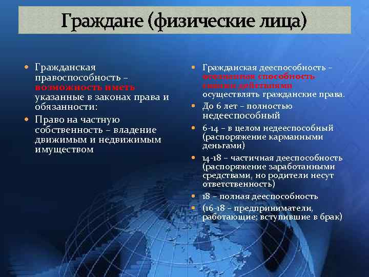Граждане (физические лица) Гражданская правоспособность – возможность иметь указанные в законах права и обязанности:
