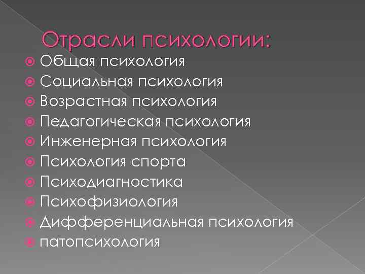 Отрасли психологии: Общая психология Социальная психология Возрастная психология Педагогическая психология Инженерная психология Психология спорта