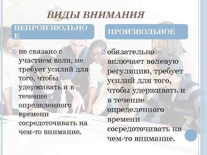 ВИДЫ ВНИМАНИЯ НЕПРОИЗВОЛЬНО Е не связано с участием воли, не требует усилий для того,