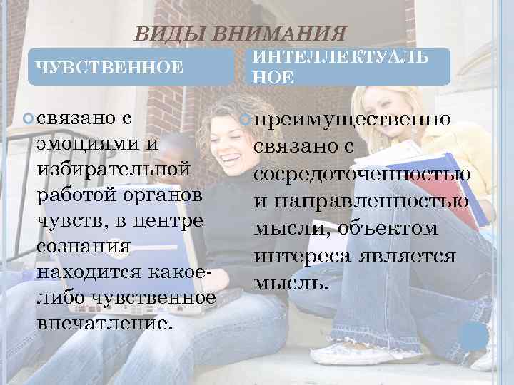 ВИДЫ ВНИМАНИЯ ЧУВСТВЕННОЕ связано с эмоциями и избирательной работой органов чувств, в центре сознания