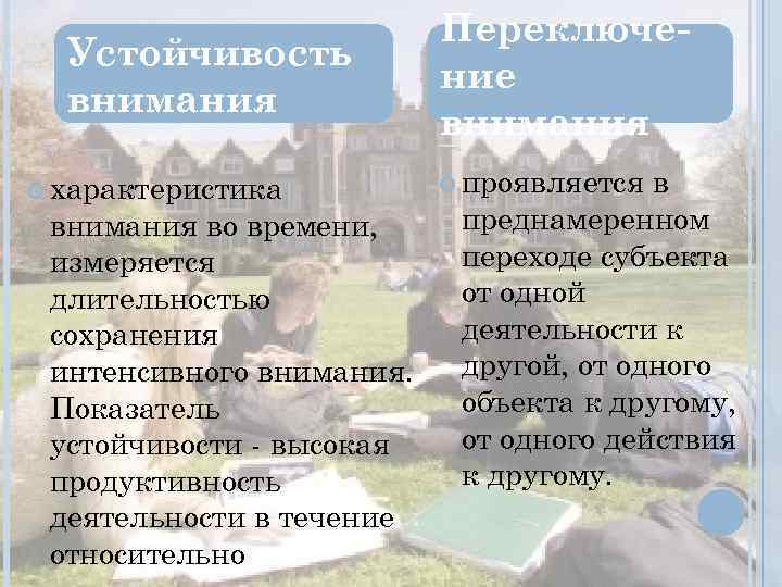 Устойчивость внимания характеристика внимания во времени, измеряется длительностью сохранения интенсивного внимания. Показатель устойчивости -