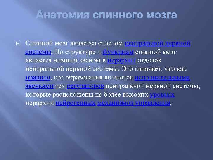 Анатомия спинного мозга Спинной мозг является отделом центральной нервной системы. По структуре и функциям