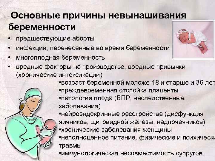 Основные причины невынашивания беременности • • предшествующие аборты инфекции, перенесенные во время беременности многоплодная