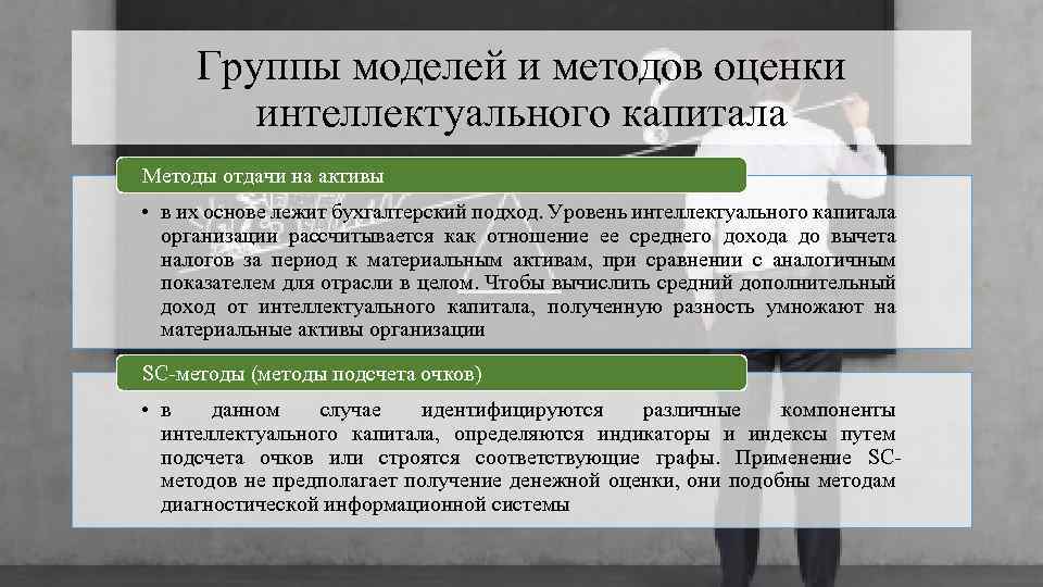 Группы моделей и методов оценки интеллектуального капитала Методы отдачи на активы • в их