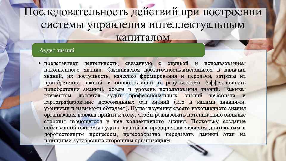Последовательность действий при построении системы управления интеллектуальным капиталом Аудит знаний • представляет деятельность, связанную