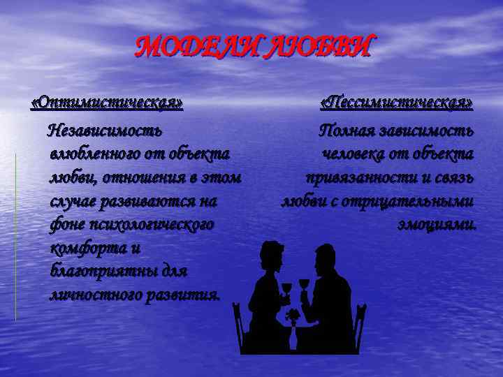 МОДЕЛИ ЛЮБВИ «Оптимистическая» Независимость влюбленного от объекта любви, отношения в этом случае развиваются на