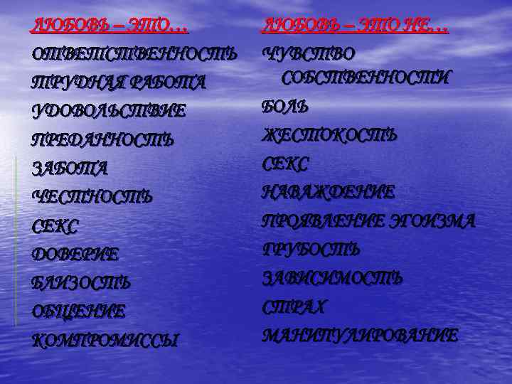 ЛЮБОВЬ – ЭТО… ОТВЕТСТВЕННОСТЬ ТРУДНАЯ РАБОТА УДОВОЛЬСТВИЕ ПРЕДАННОСТЬ ЗАБОТА ЧЕСТНОСТЬ СЕКС ДОВЕРИЕ БЛИЗОСТЬ ОБЩЕНИЕ