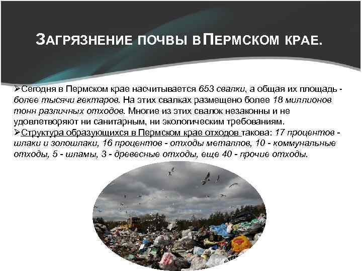 ЗАГРЯЗНЕНИЕ ПОЧВЫ В ПЕРМСКОМ КРАЕ. ØСегодня в Пермском крае насчитывается 653 свалки, а общая