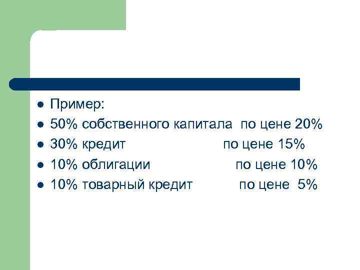 l l l Пример: 50% собственного капитала по цене 20% 30% кредит по цене