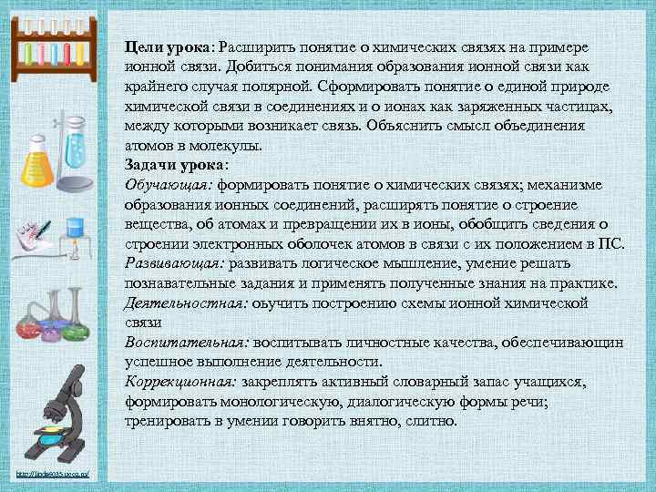 Цели урока: Расширить понятие о химических связях на примере ионной связи. Добиться понимания образования