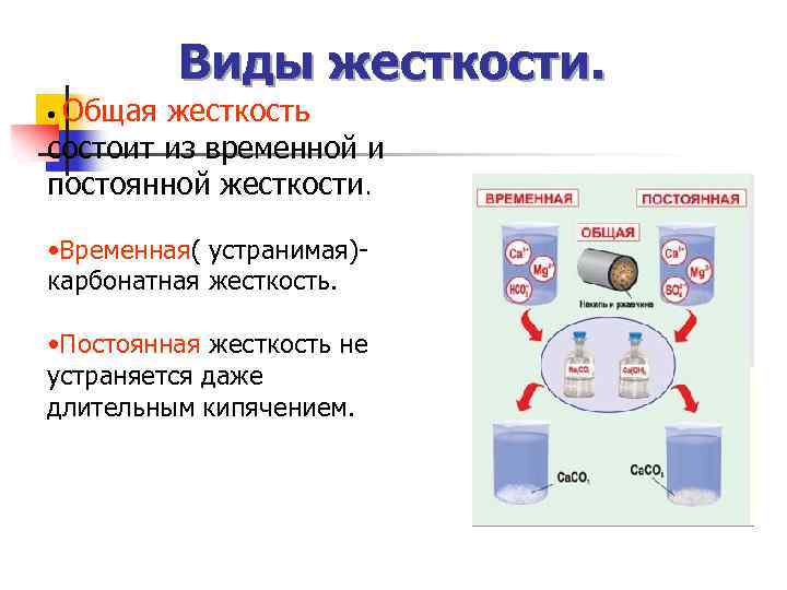 Виды жесткости. Общая жесткость состоит из временной и постоянной жесткости. • • Временная( устранимая)карбонатная