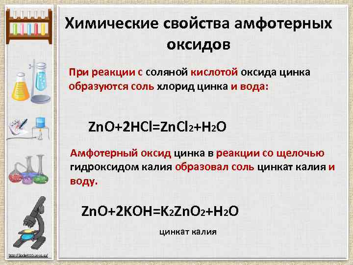 Химические свойства амфотерных оксидов При реакции с соляной кислотой оксида цинка образуются соль хлорид