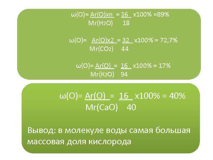 ω(О)= Аr(О)хn = 16 х100% =89% Мr(Н 2 О) 18 ω(О)= Аr(О)х2 = 32