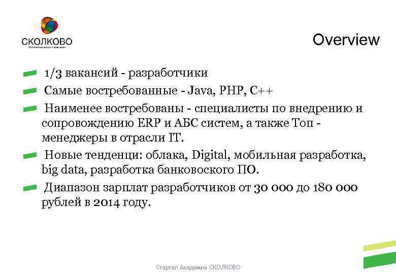 Overview 1/3 вакансий - разработчики Самые востребованные - Java, PHP, C++ Наименее востребованы -