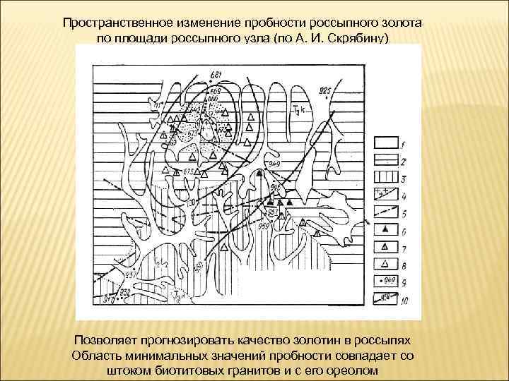 Пространственное изменение пробности россыпного золота по площади россыпного узла (по А. И. Скрябину) Позволяет