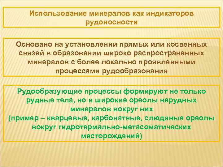 Использование минералов как индикаторов рудоносности Основано на установлении прямых или косвенных связей в образовании