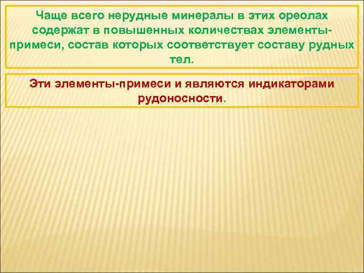 Чаще всего нерудные минералы в этих ореолах содержат в повышенных количествах элементыпримеси, состав которых