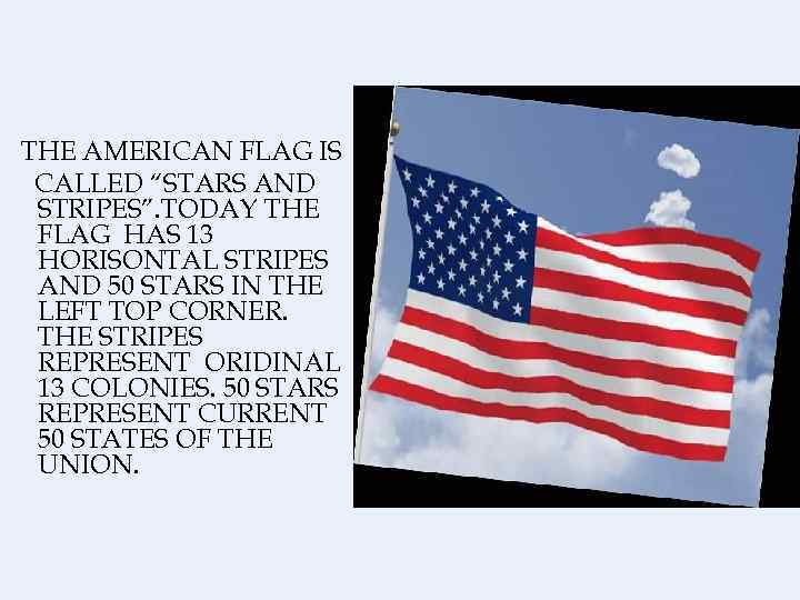 THE AMERICAN FLAG IS CALLED “STARS AND STRIPES”. TODAY THE FLAG HAS 13 HORISONTAL