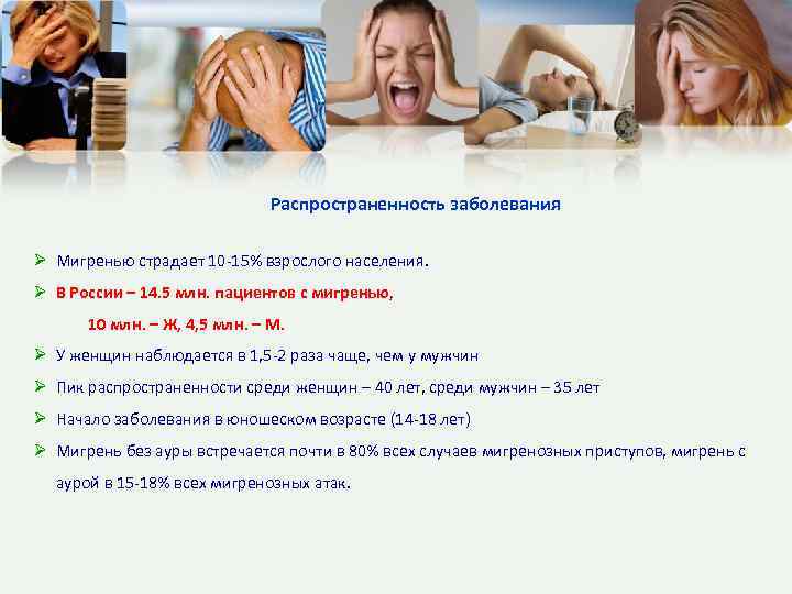 Распространенность заболевания Мигренью страдает 10 -15% взрослого населения. В России – 14. 5 млн.