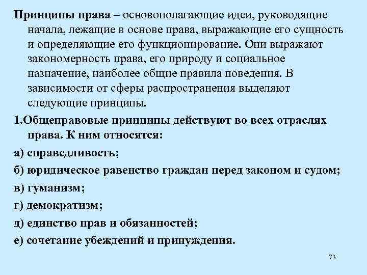 Принципы права – основополагающие идеи, руководящие начала, лежащие в основе права, выражающие его сущность