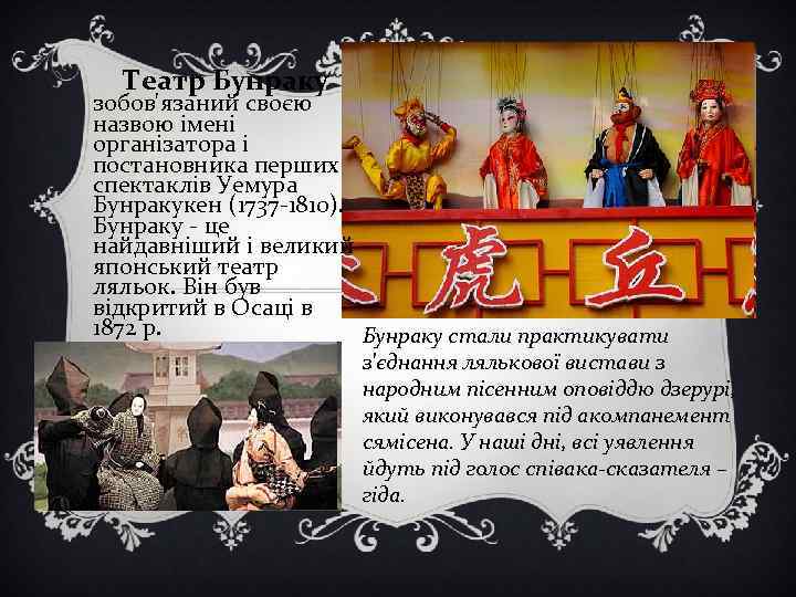 Театр Бунраку зобов'язаний своєю назвою імені організатора і постановника перших спектаклів Уемура Бунракукен (1737