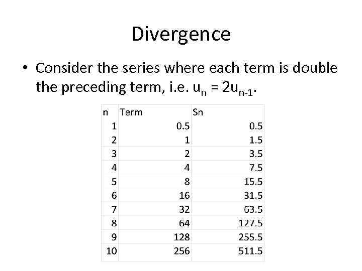 Divergence • Consider the series where each term is double the preceding term, i.