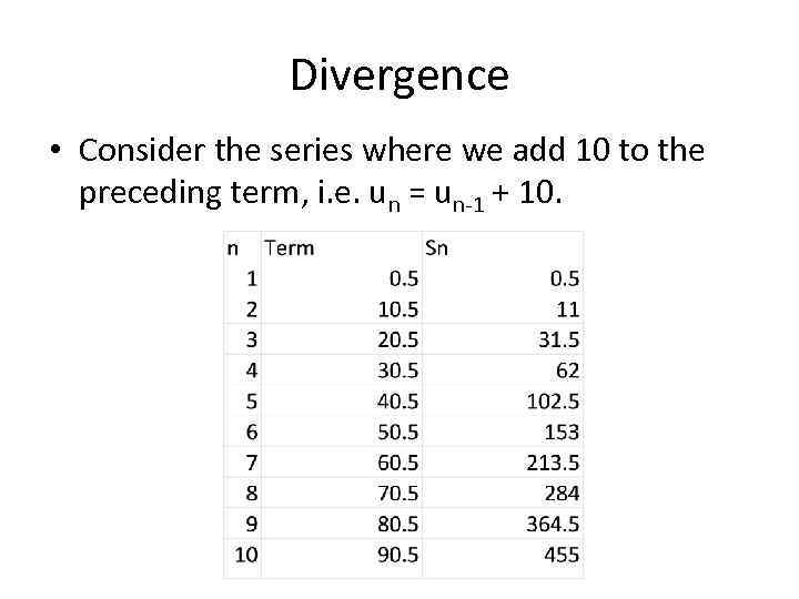 Divergence • Consider the series where we add 10 to the preceding term, i.