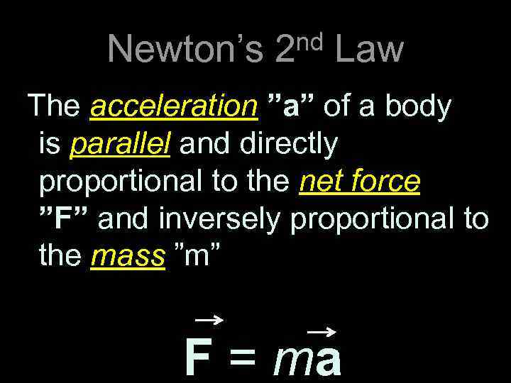 nd Law Newton’s 2 The acceleration ”a” of a body is parallel and directly