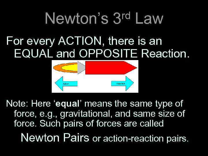 rd Law Newton’s 3 For every ACTION, there is an EQUAL and OPPOSITE Reaction.