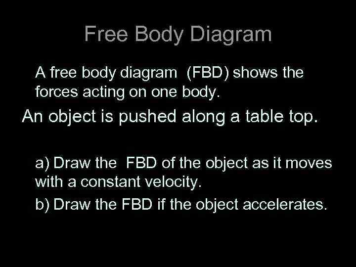 Free Body Diagram A free body diagram (FBD) shows the forces acting on one
