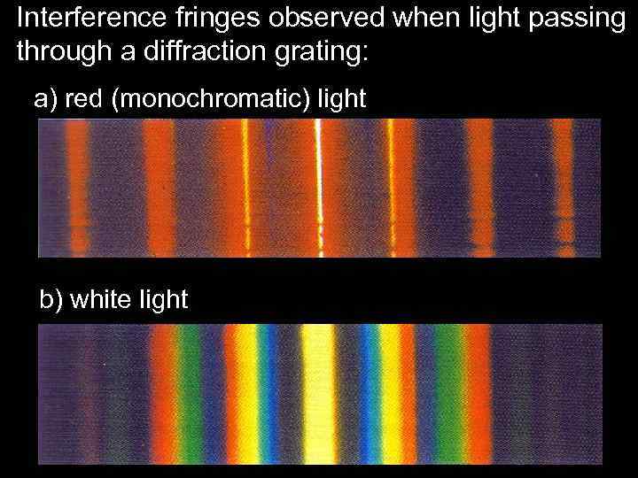 Interference fringes observed when light passing through a diffraction grating: a) red (monochromatic) light