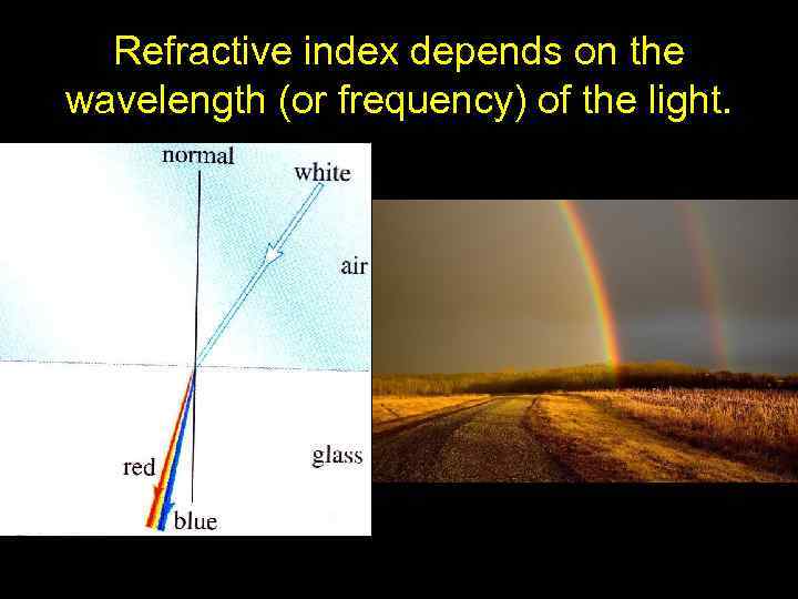 Refractive index depends on the wavelength (or frequency) of the light. 