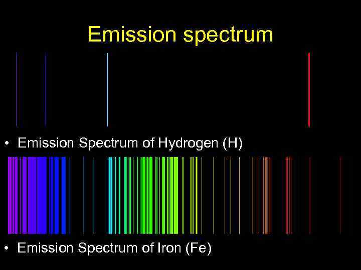 Emission spectrum • Emission Spectrum of Hydrogen (H) • Emission Spectrum of Iron (Fe)
