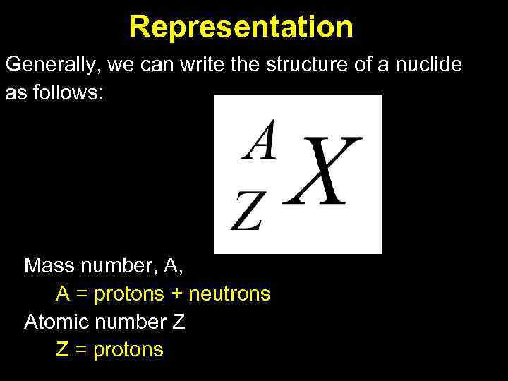 Representation Generally, we can write the structure of a nuclide as follows: Mass number,