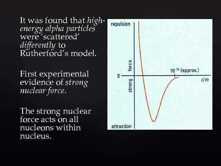 It was found that highenergy alpha particles were ‘scattered’ differently to Rutherford’s model. First