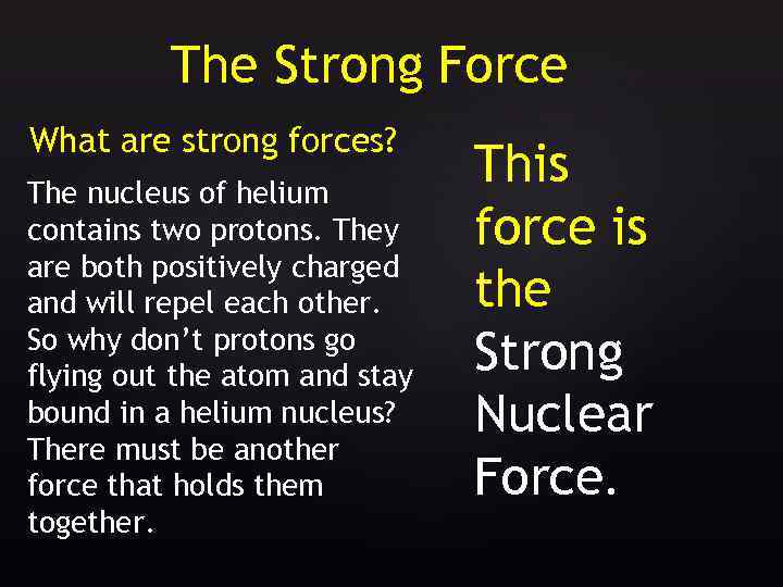 The Strong Force What are strong forces? The nucleus of helium contains two protons.
