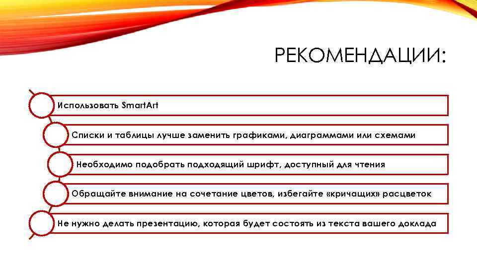РЕКОМЕНДАЦИИ: Использовать Smart. Art Списки и таблицы лучше заменить графиками, диаграммами или схемами Необходимо