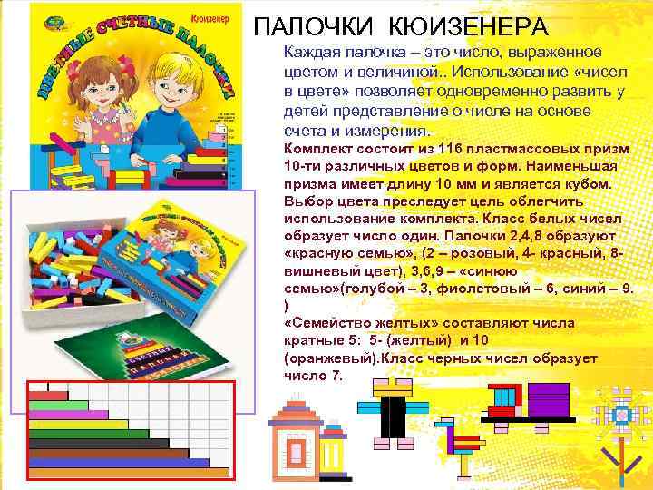  ПАЛОЧКИ КЮИЗЕНЕРА Каждая палочка – это число, выраженное цветом и величиной. . Использование