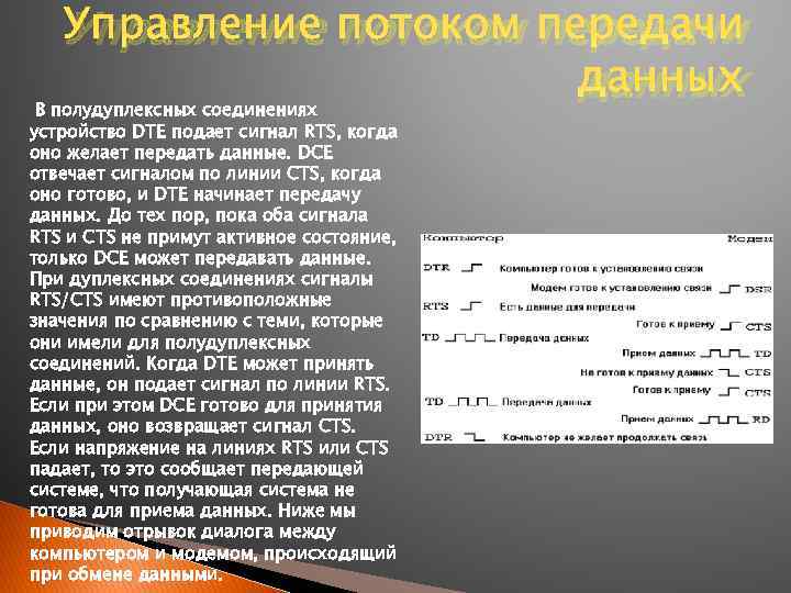 Управление потоком передачи данных В полудуплексных соединениях устройство DTE подает сигнал RTS, когда оно