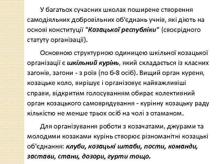 У багатьох сучасних школах поширене створення самодіяльних добровільних об'єднань учнів, які діють на основі