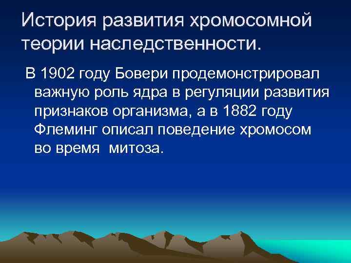 История развития хромосомной теории наследственности. В 1902 году Бовери продемонстрировал важную роль ядра в