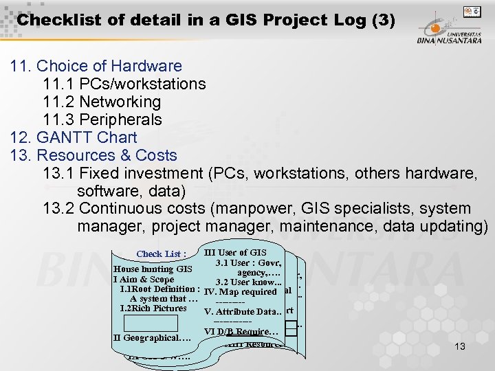 Checklist of detail in a GIS Project Log (3) 11. Choice of Hardware 11.