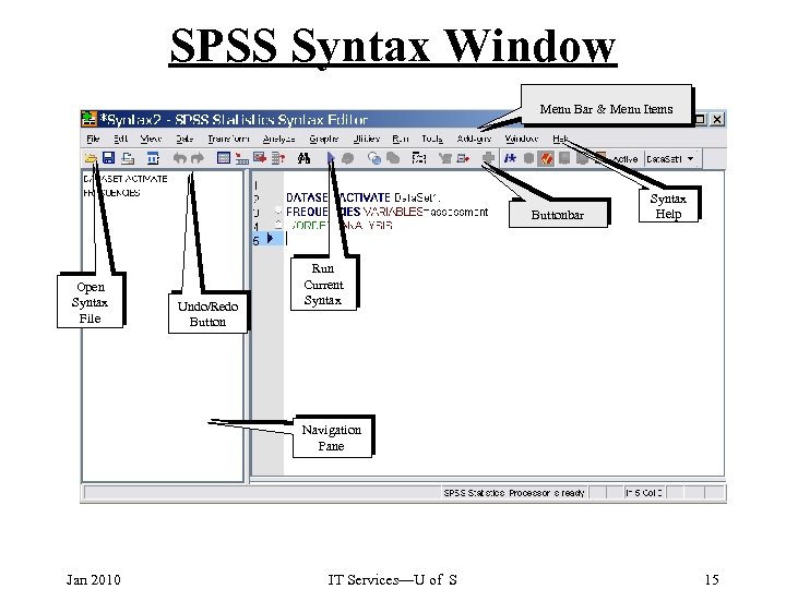 SPSS Syntax Window Menu Bar & Menu Items Buttonbar Open Syntax File Undo/Redo Button