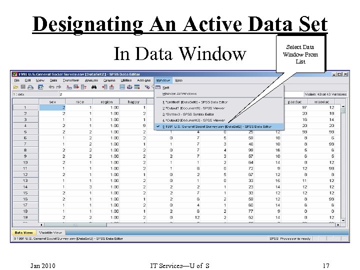 Designating An Active Data Set In Data Window Jan 2010 IT Services—U of S