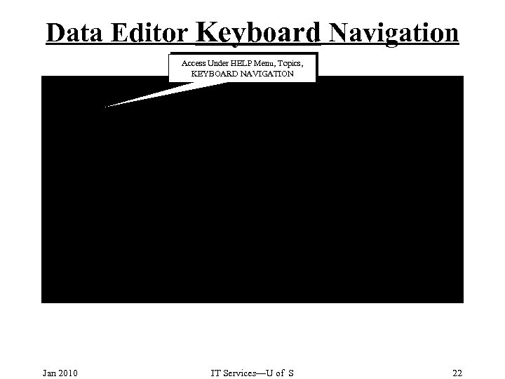 Data Editor Keyboard Navigation Access Under HELP Menu, Topics, KEYBOARD NAVIGATION Jan 2010 IT