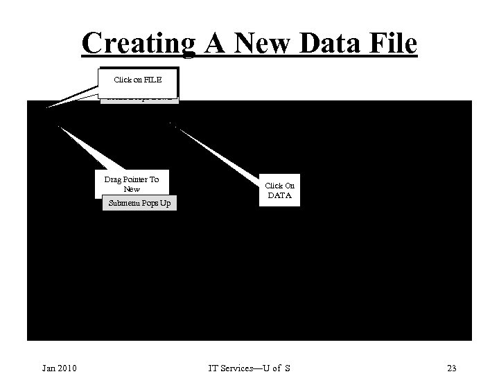 Creating A New Data File Click on FILE Menu Drops Down Drag Pointer To