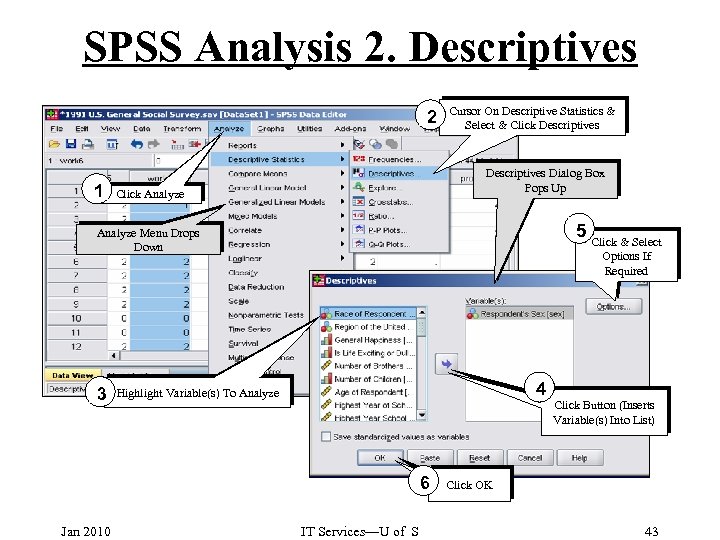 SPSS Analysis 2. Descriptives 2 1 Cursor On Descriptive Statistics & Select & Click