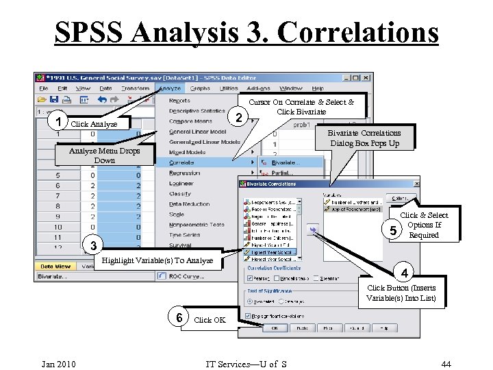 SPSS Analysis 3. Correlations 1 2 Click Analyze Cursor On Correlate & Select &