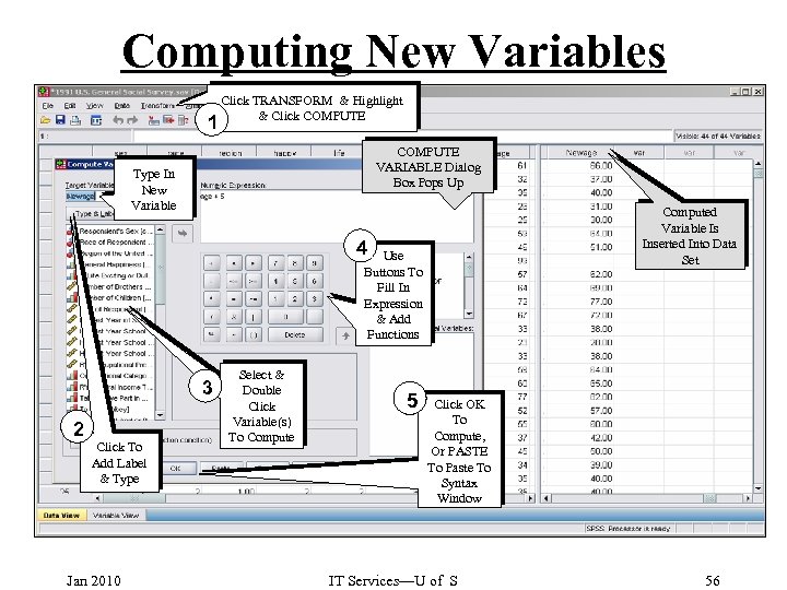 Computing New Variables 1 Click TRANSFORM & Highlight & Click COMPUTE VARIABLE Dialog Box