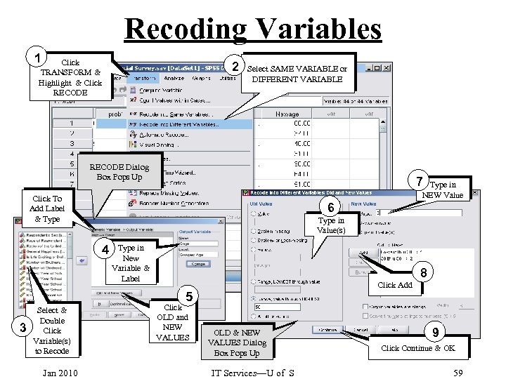 Recoding Variables 1 Click TRANSFORM & Highlight & Click RECODE 2 Select SAME VARIABLE